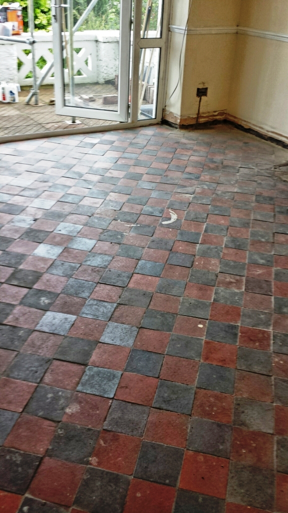 Red Quarry Tiles Floor in Treharris Before Cleaning