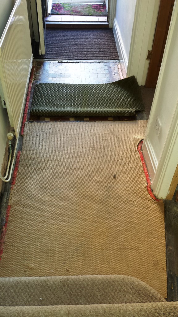 Victorian Tiled Floor Hidden Under Carpet in Splot