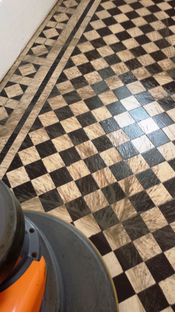Black and white chequer Victorian Tiles Cardiff During Cleaning
