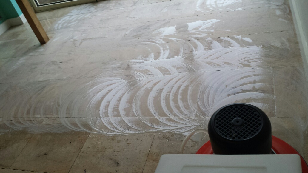 Unmaintained Limestone Kitchen Floor During Cleaning Cardiff