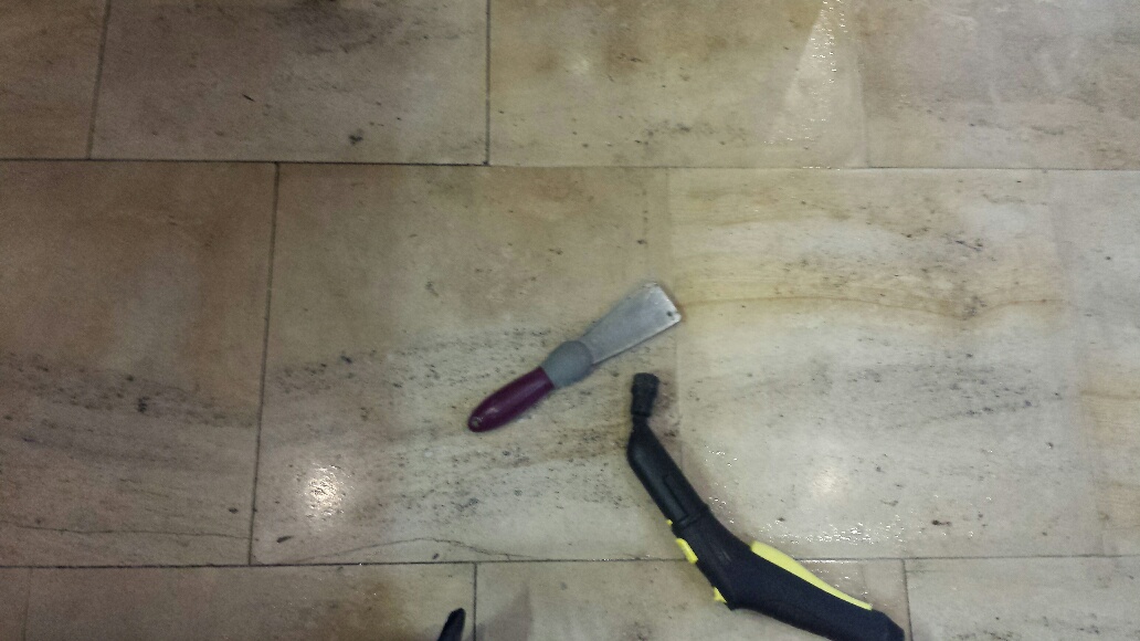 Unmaintained Limestone Kitchen Floor During Grout Steam Cleaning Cardiff
