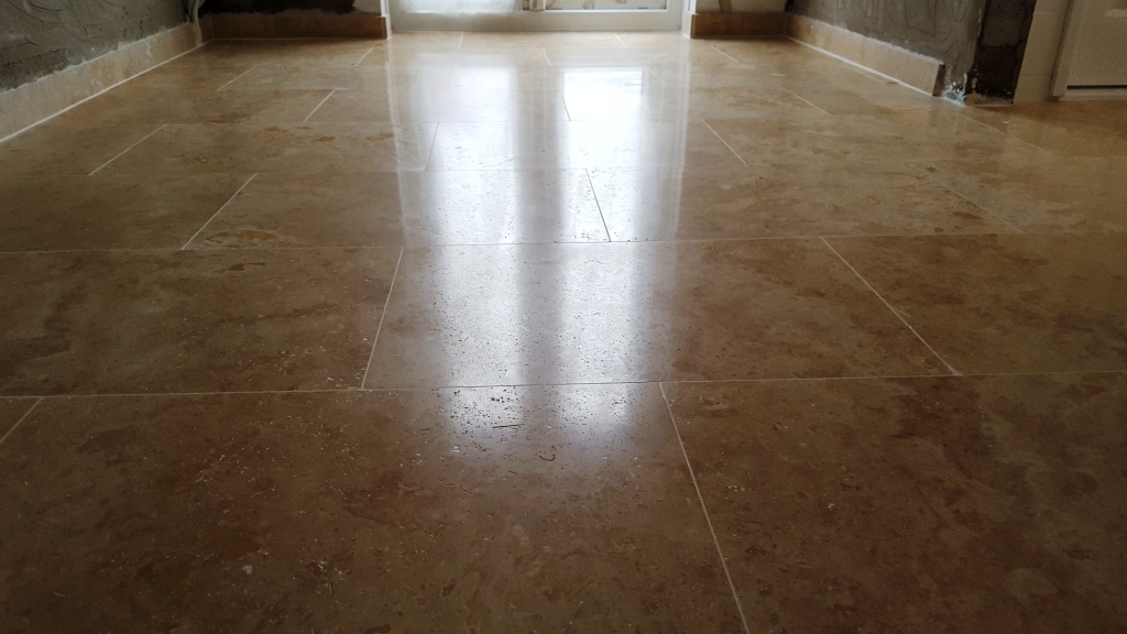 Uneven Travertine Floor After Levelling and Polishing in Swansea