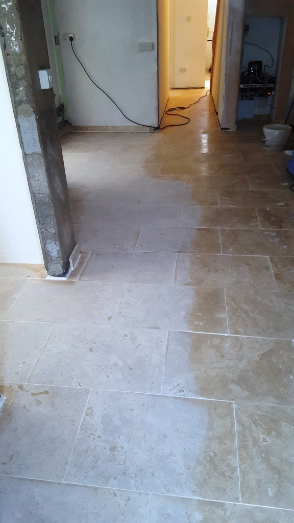 Uneven Travertine Floor During Levelling and Polishing in Swansea