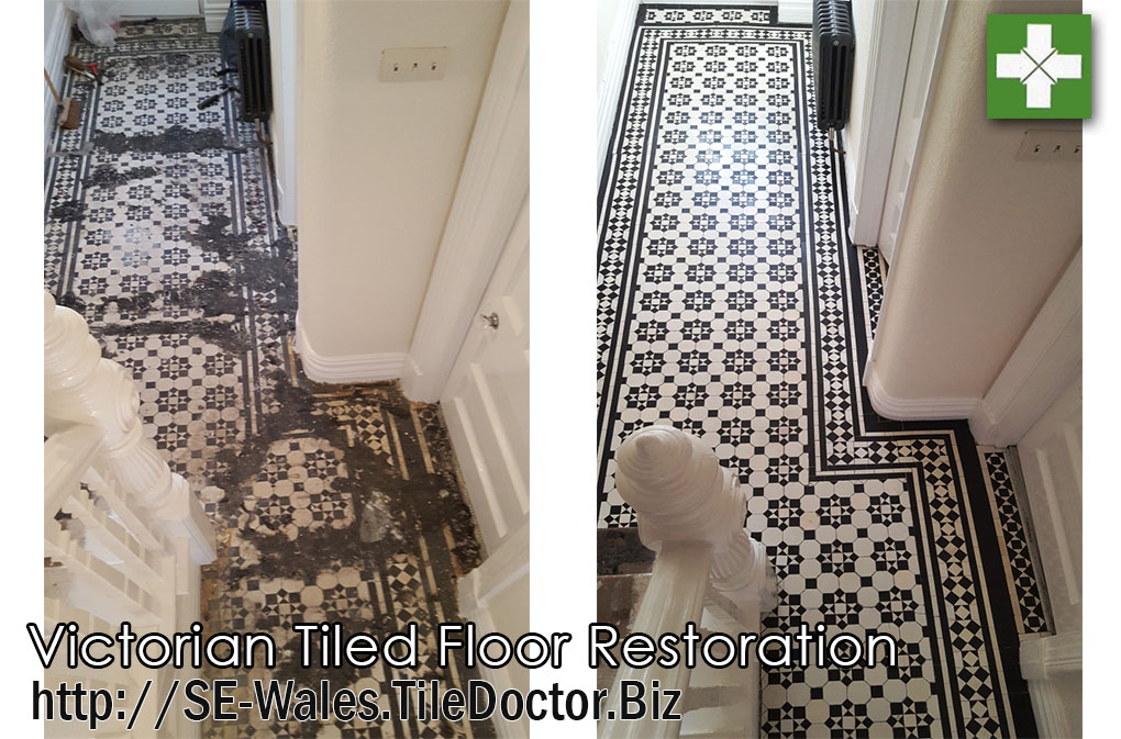 Victorian tiled floor before and after restoration in Maesteg