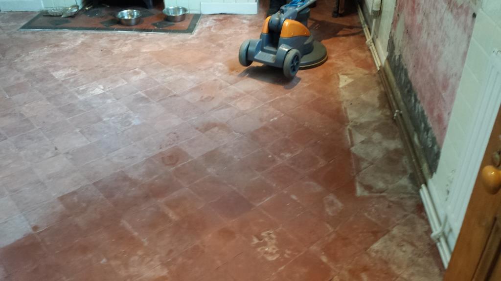 Quarry Tiled Floor Before Restoration near Caerphilly Castle