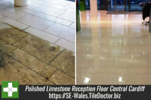 Polished Limestone Reception Floor Cleaned in Central Cardiff