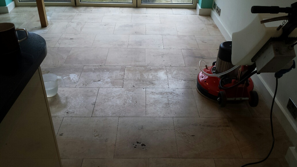 Unmaintained Limestone Kitchen Floor During Cleaning Cardiff