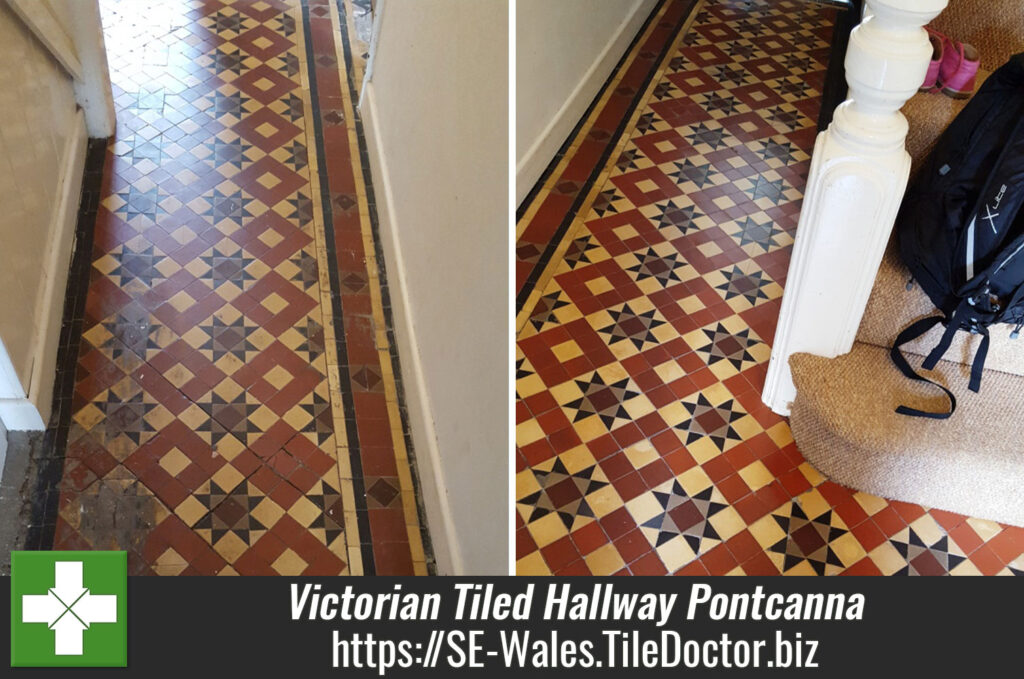 Heavily Soiled and Damaged Victorian Tiled Hallway Restored in Pontcanna