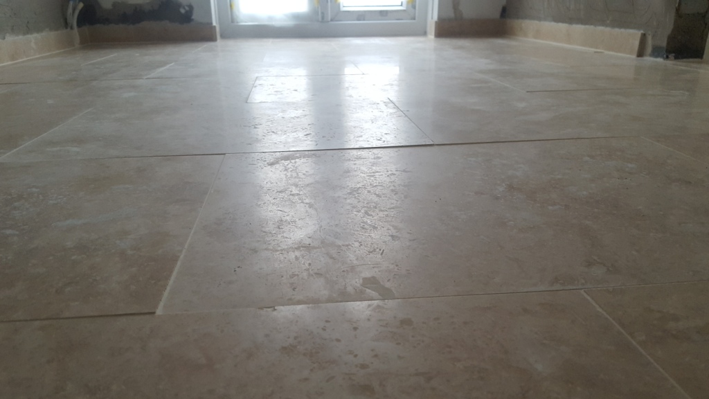 Uneven Travertine Tiled Floor Levelled And Polished In Swansea