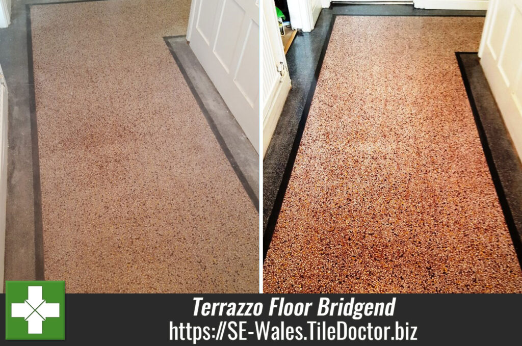 Dirty Terrazzo Floor Deep Cleaned, Burnished and Sealed in Bridgend