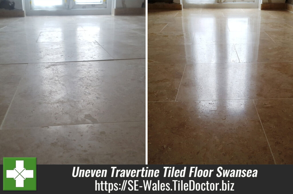 Uneven Travertine Tiled Floor Levelled and Polished in Swansea