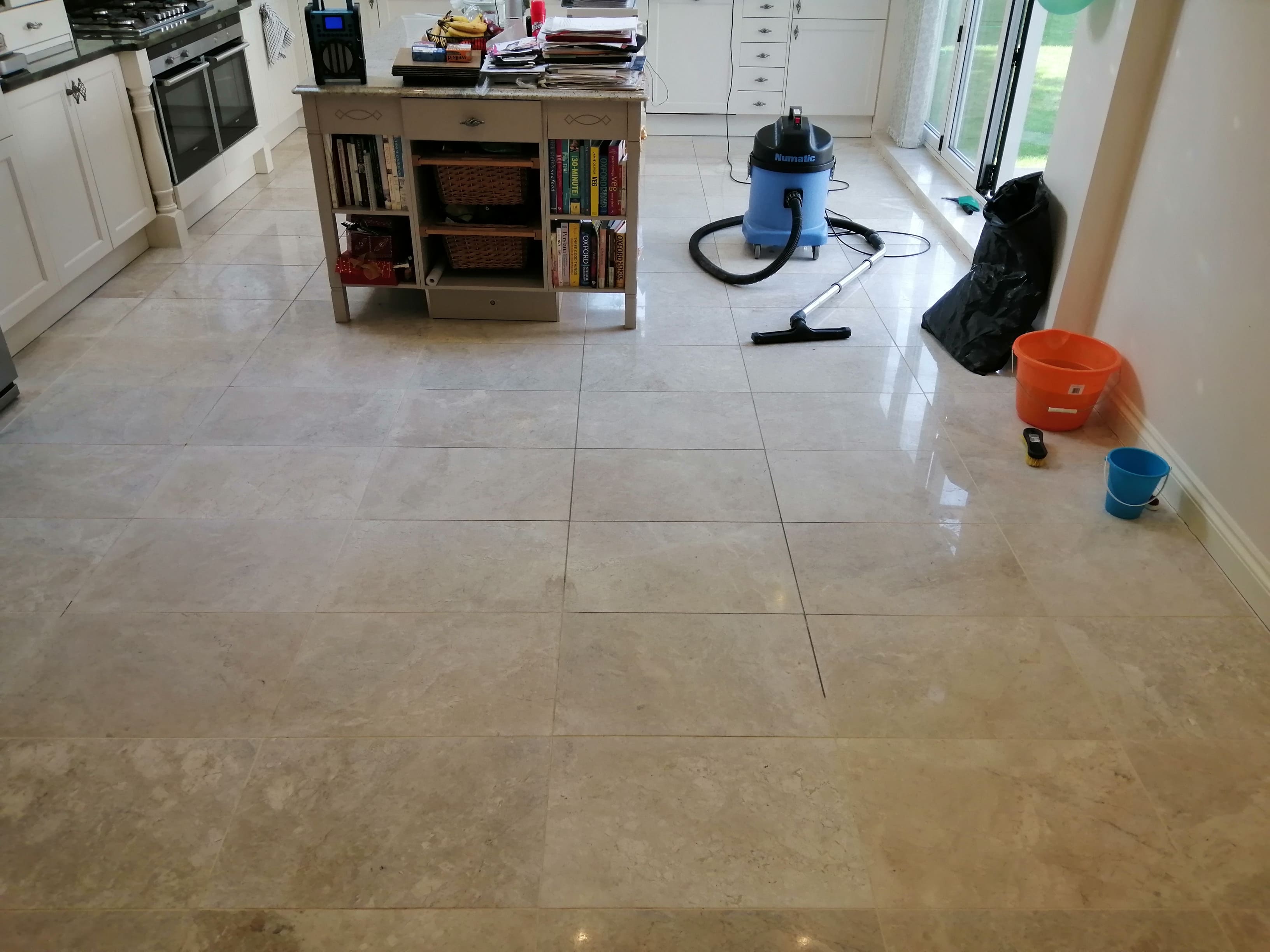 Marble Kitchen Floor During Grout Cleaning Cardiff