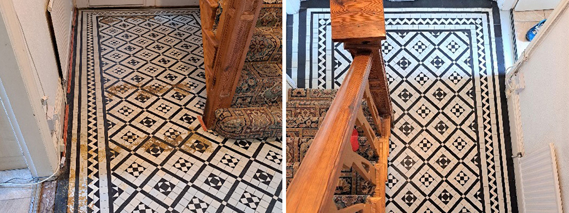 Victorian Tiled Floor Stained with Carpet Glue Restored in Llantwit Major