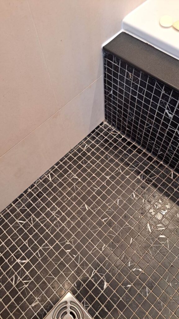 Black Marble Mosaic and Limestone Shower Tiling After Renovation Cowbridge